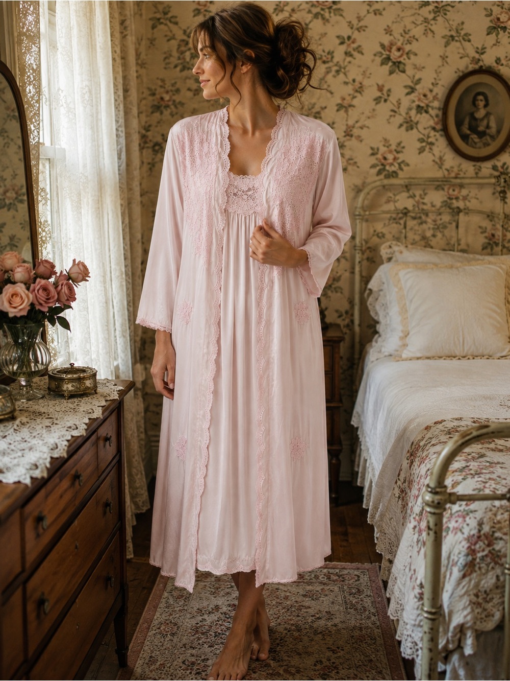 Vintage Pink Satin Nightgown & Housecoat Robe Set L/XL Floral Lace
